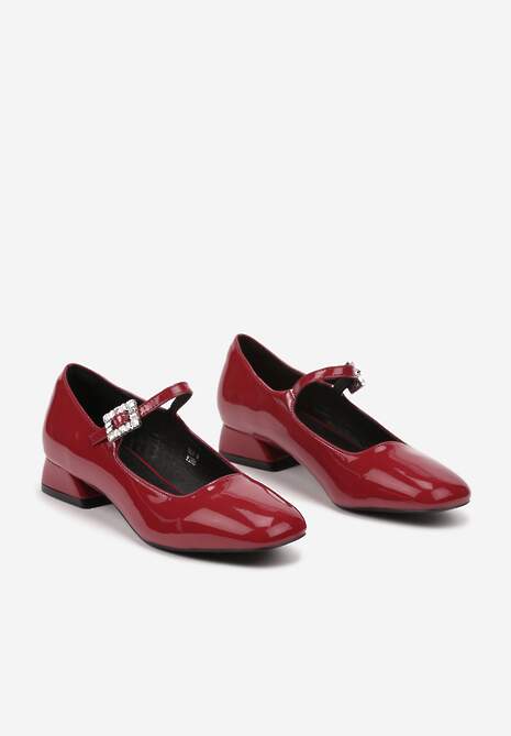 Bordowe Czółenka na Niskim Obcasie z Lakierowanym Wykończeniem Zdobione Cyrkoniową Klamrą Lobirae