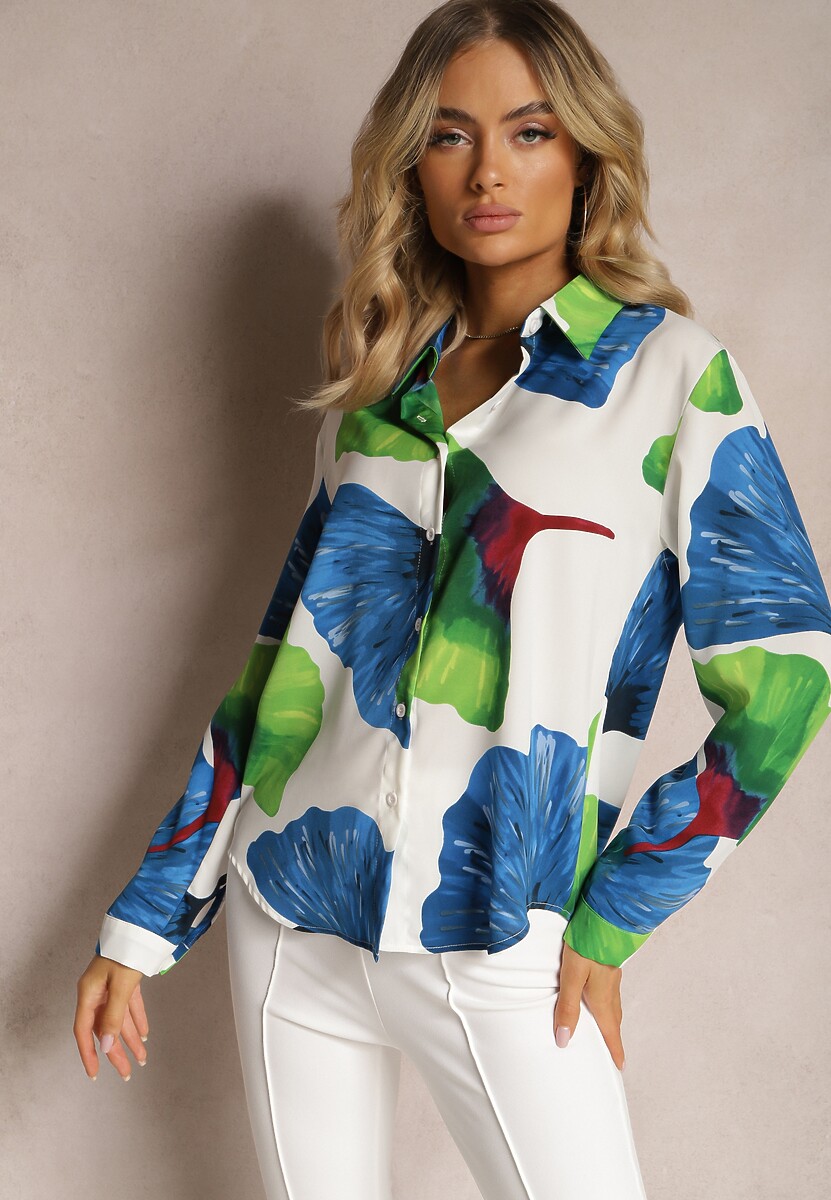 Biało-Granatowa Klasyczna Koszula z Florystycznym Motywem Mirtilla