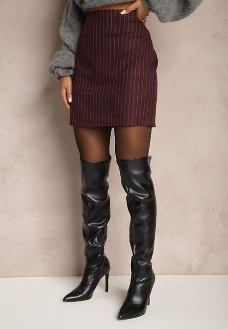 Bordowa Spódnica Ołówkowa z Wiskozą w Paski Zozinae