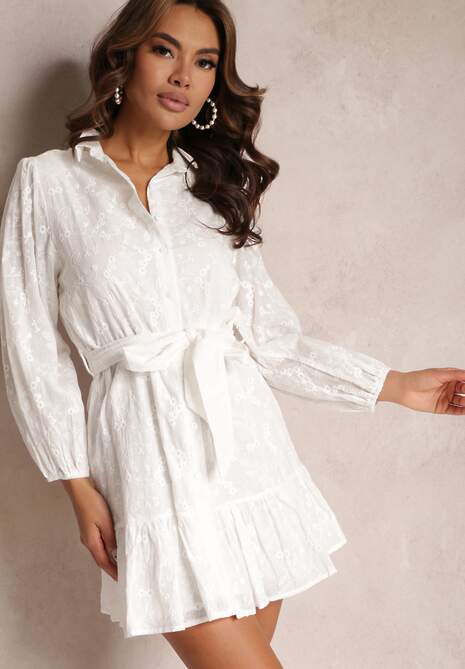 Biała Sukienka z Bawełnianej Haftowanej Tkaniny Wiązana w Talii Roselia