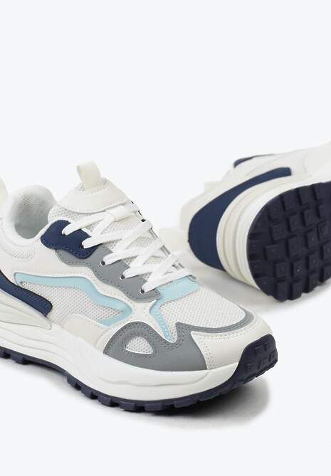 Beżowo-Granatowe Sneakersy na Niskiej Platformie z Siateczką z Ozdobnymi Wstawkami Lelphine