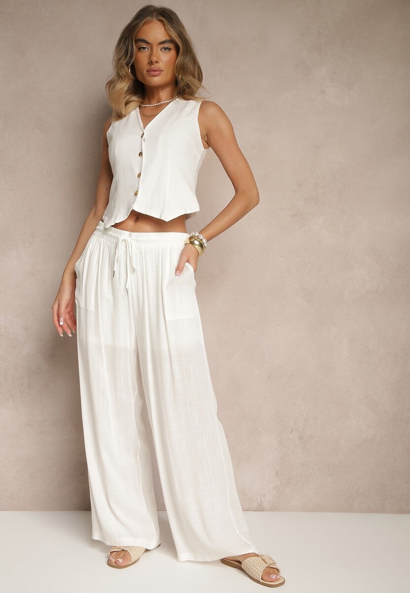 Białe Szerokie Spodnie z Bawełną na Gumce z Kieszeniami Efridessa