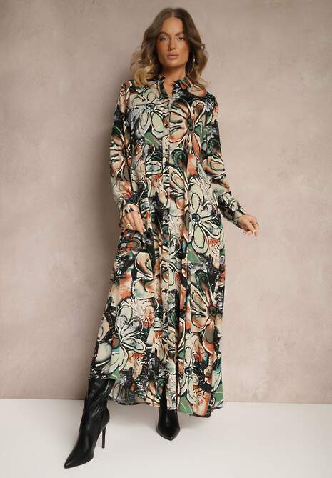 Czarno-Beżowa Wiskozowa Sukienka Koszulowa w Kwiaty z Guzikami przy Rękawach Enayira