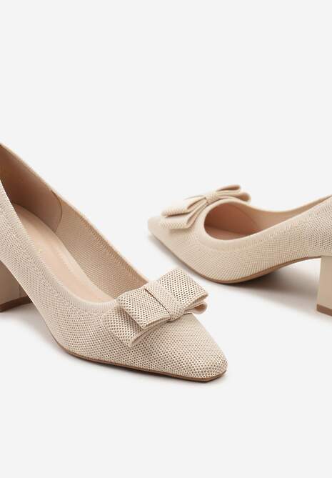 Beżowe Czółenka na Niskim Słupku z Ozdobną Kokardką i Wyściółką z Ekoskóry Risala