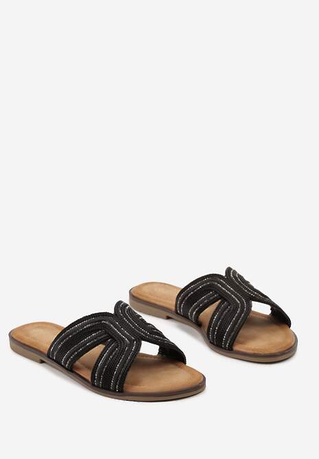 Czarne Klapki z Plecionki Ozdobione Cyrkoniami Auioma