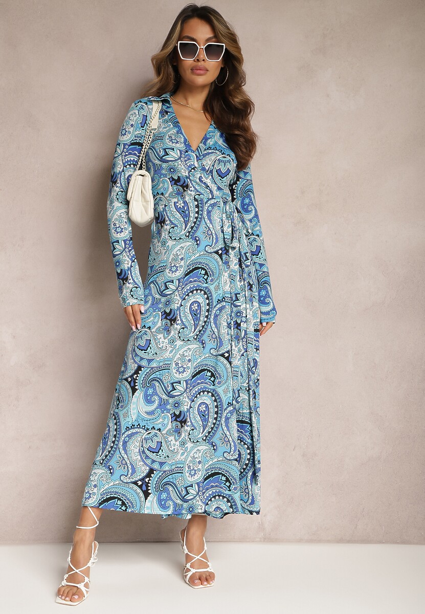 Niebieska Sukienka Maxi z Wiązana w Pasie Rosali