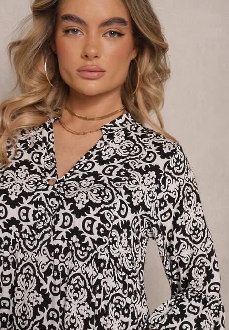 Czarna Rozkloszowna Sukienka z Bawełny w Ornamentalny Wzór z Falbaną Lanariella