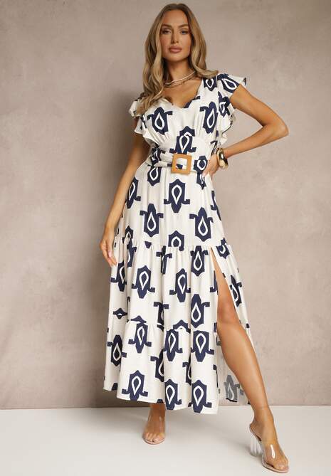 Biało-Granatowa Wiskozowa Sukienka w Geometryczny Wzór z Paskiem z Klamrą Viriala