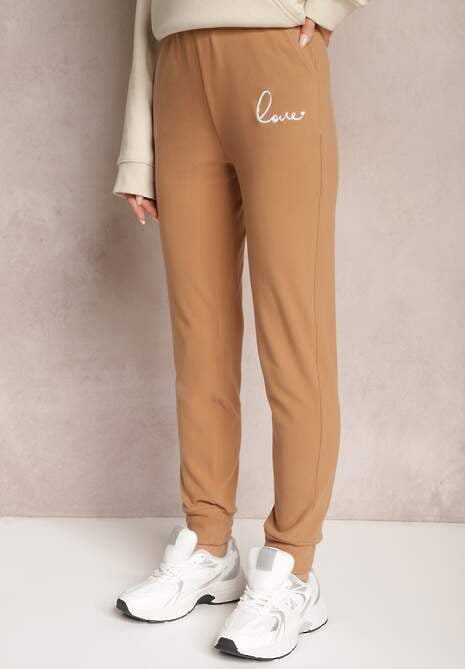 Beżowe Spodnie Dresowe z Regularną Talią ze Ściągaczami i Haftowanym Napisem Botalina