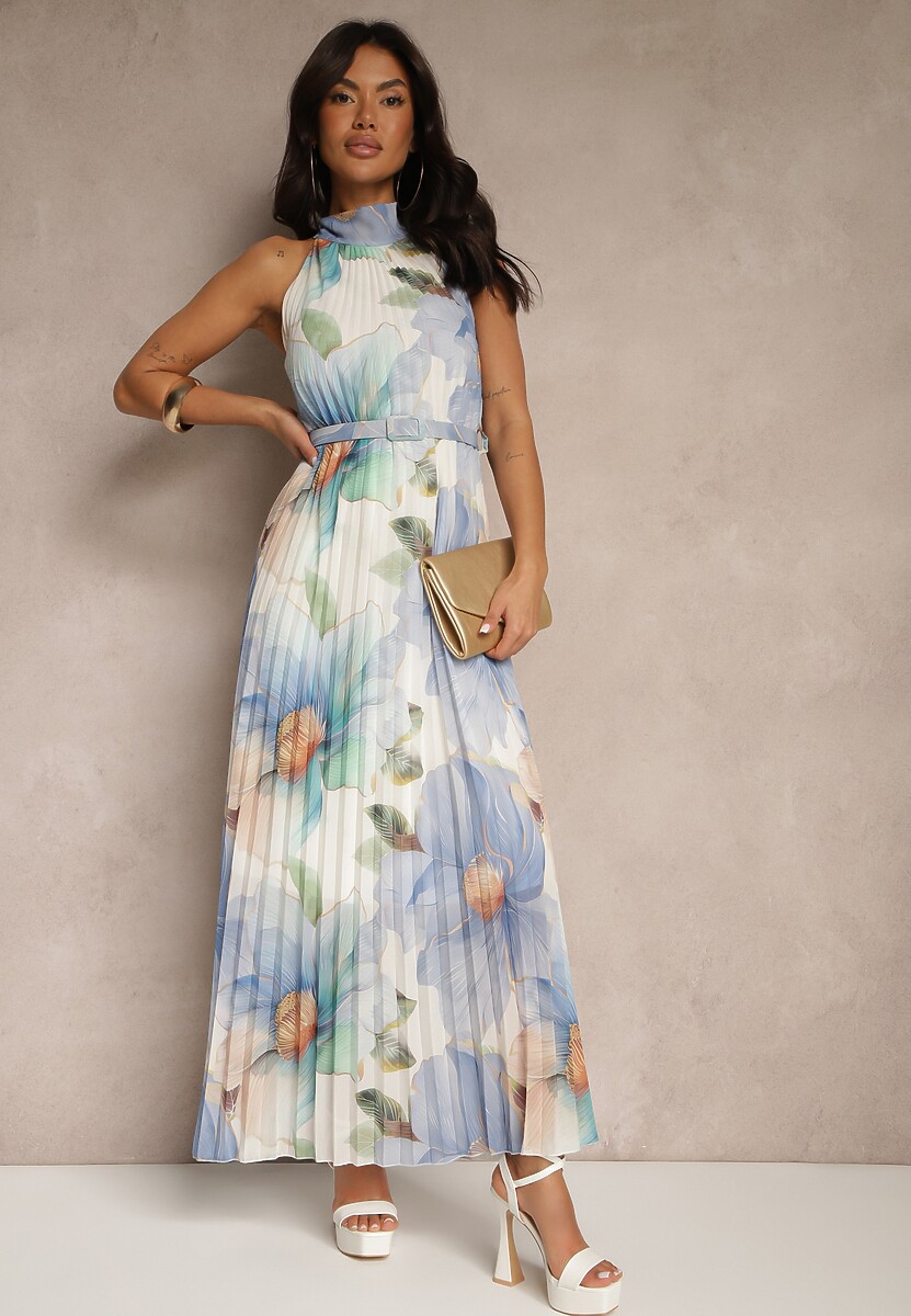 Niebieska Plisowana Sukienka z Wiązaniem i Paskiem z Klamrą Nitolia