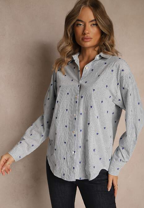 Niebieska Koszula z Bawełny w Serduszka i Drobne Paseczki Fenimalla