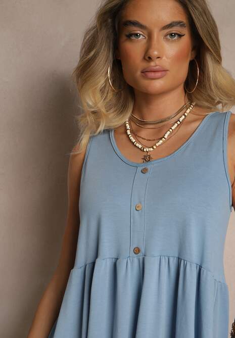 Jasnoniebieska Rozkloszowana Sukienka na Szerokich Ramiączkach Zdobiona Guzikami Jenandria