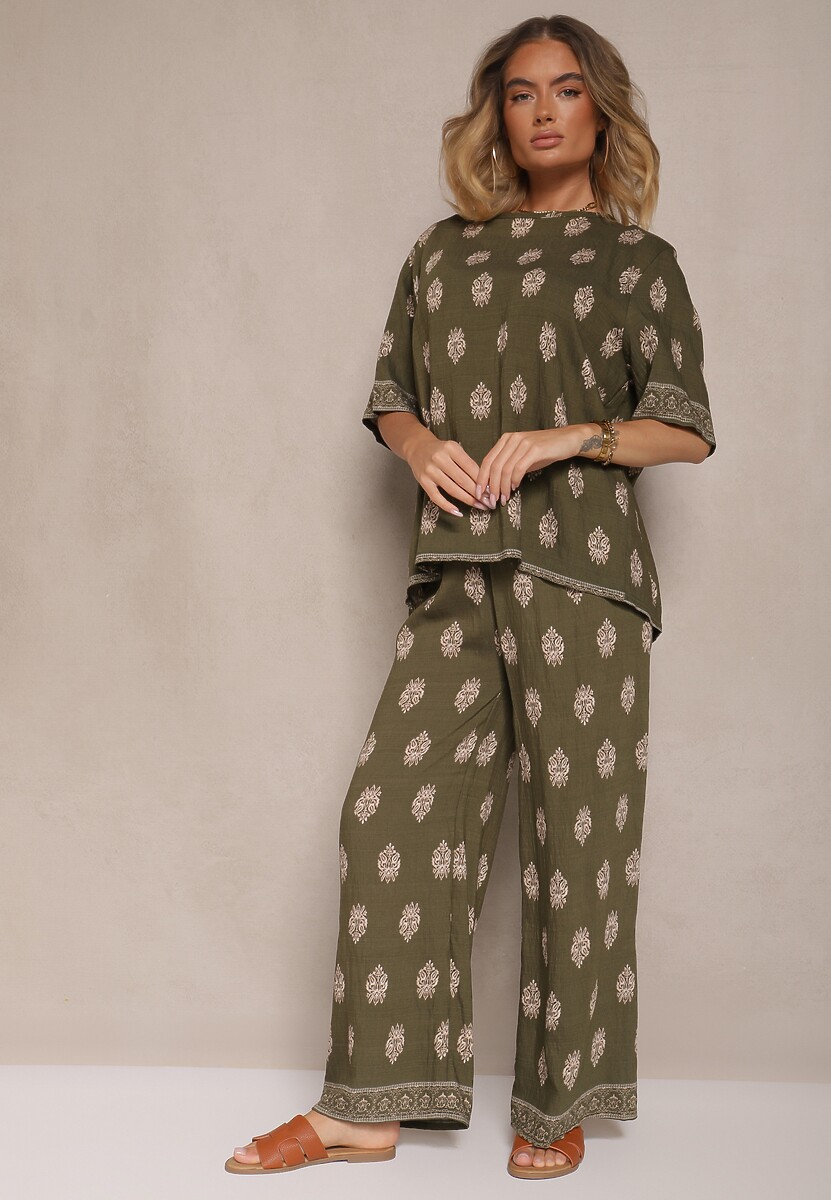 Ciemnozielony Komplet z Wiskozy w Etniczny Wzór Bluzka i Spodnie z Gumką w Pasie Natirva