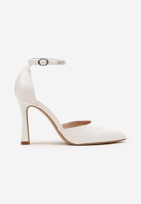 Białe Szpilki Klepsydrowe z Paskiem Ozdobionym Cyrkoniami Keramla