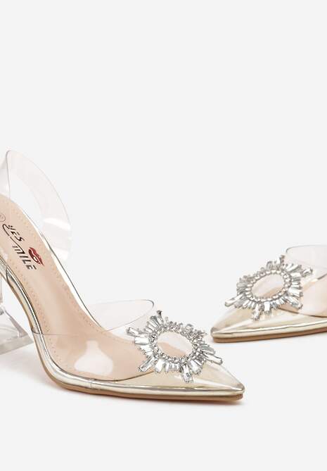 Złote Sandały Transparentne z Cyrkoniami i Obcasem w Typie Klepsydry Vlekoria