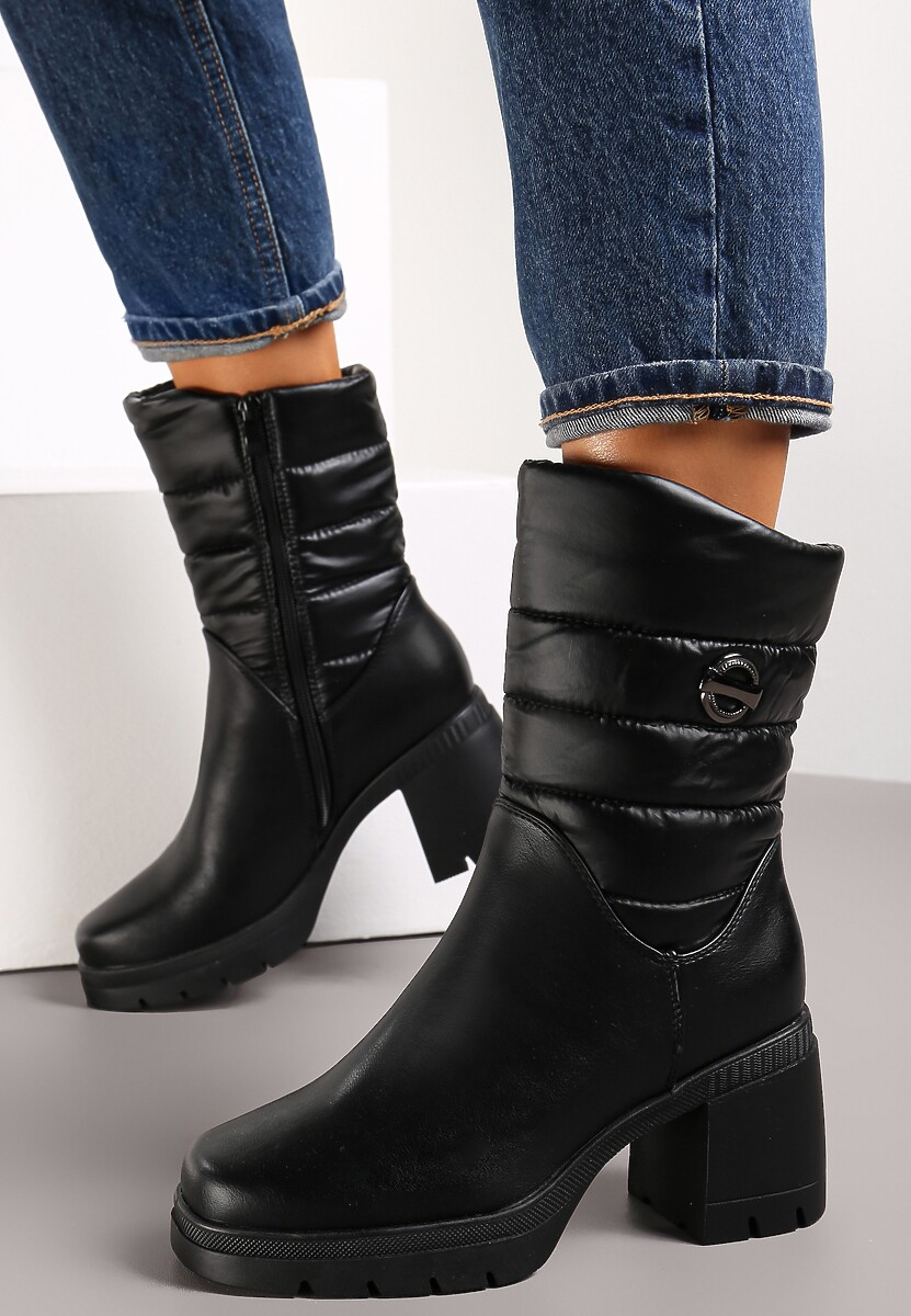 Czarne Botki na Obcasie Pikowane Fra