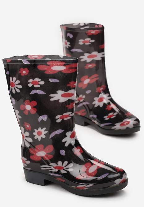 Czarno-Białe Gumowe Kalosze w Kwiaty Paviala
