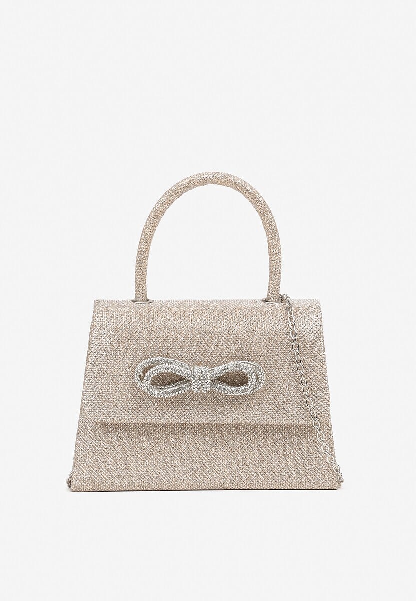 Szampańska Brokatowa Torebka Koktajlowa z Rączką Łańcuszkiem i Kokardą z Cyrkonii Esliana