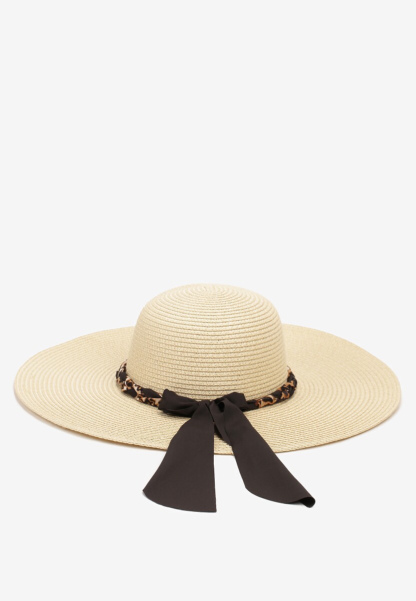Czarno-Kremowy Kapelusz ze Splecioną Apaszką Boho z Naturalnej Plecionki Aielis