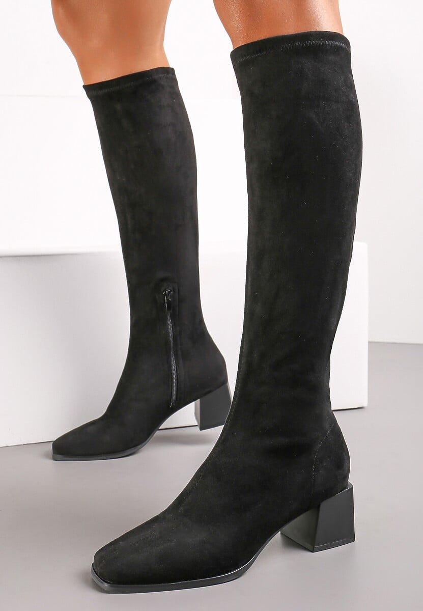 Czarne Kozaki na Słupku z Imitacji Zamszu Haziela