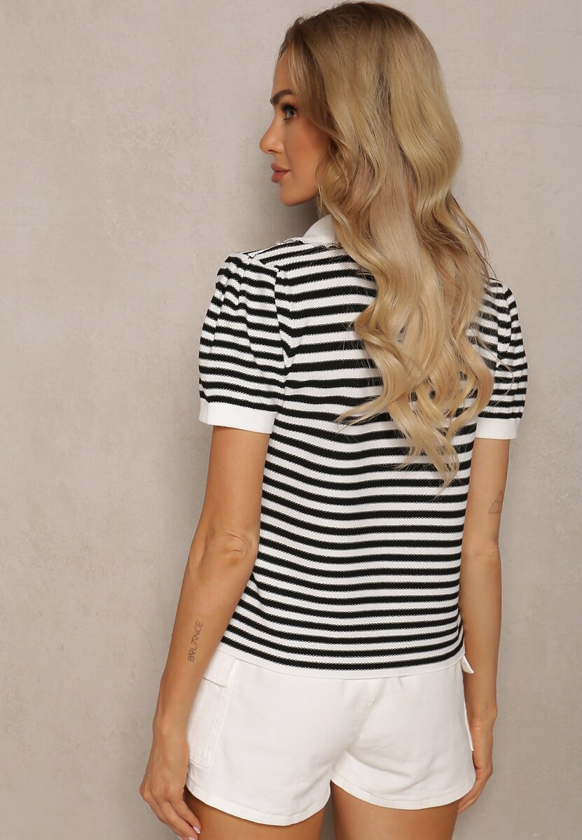 Biało-Czarna Wiskozowa Bluzka w Paski ze Zdobieniami na Kołnierzyku Veniala