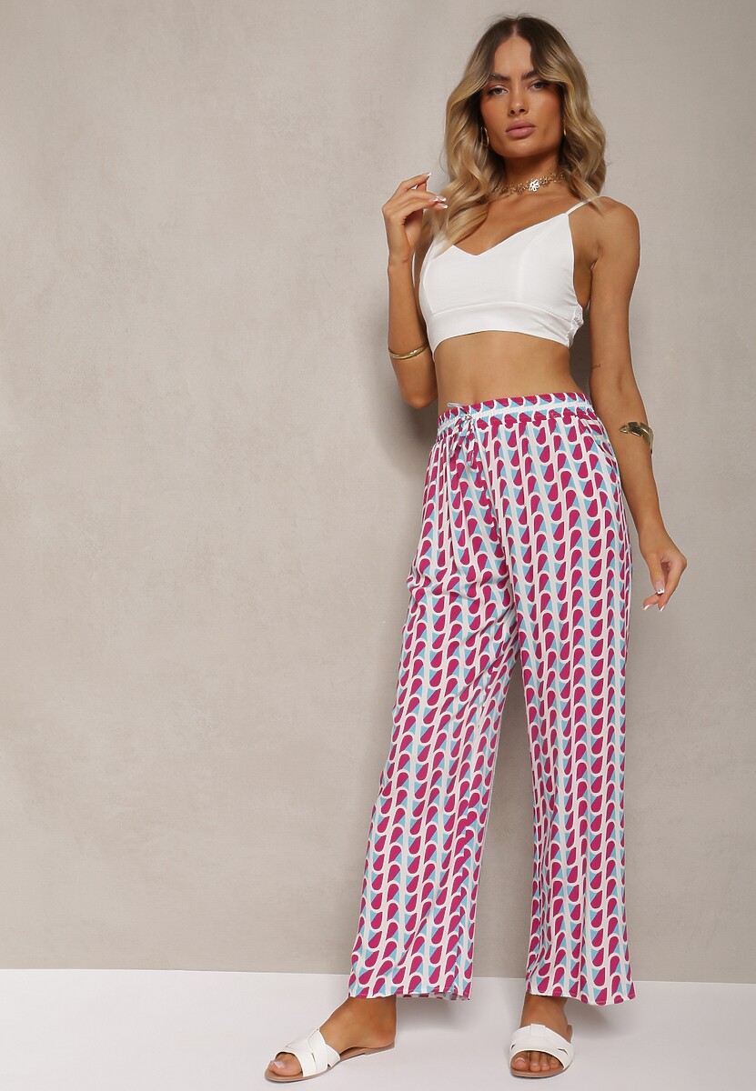 Różowo-Niebieskie Szerokie Spodnie z Wiskozy w Abstrakcyjny Print Zanessa