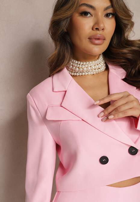 Różowa Krótka Marynarka Jednorzędowa z Klapami Afaria