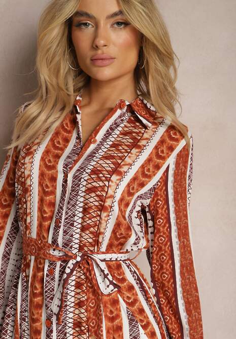 Brązowa Wiskozowa Sukienka Koszulowa z Paskiem w Talii Rozkloszowana Urdiasa