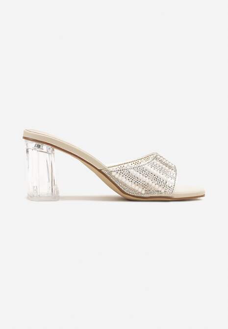 Beżowe Transparentne Klapki na Słupku Ozdobione Cyrkoniami Sarfia