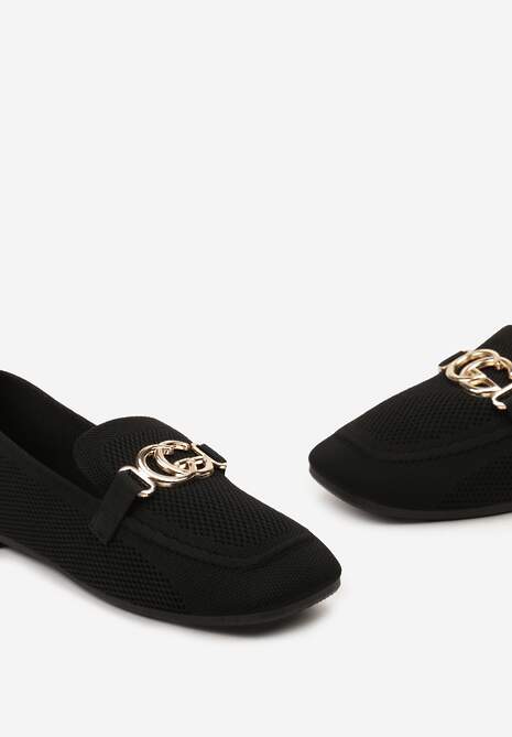 Czarne Mokasyny Wsuwane ze Ściętym Noskiem i Metaliczną Klamerką Kanela