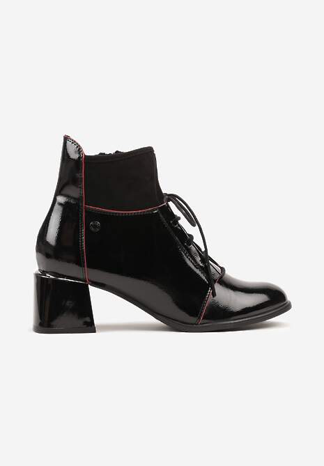 Czarne Botki Lakierowane Vices Typu Trzewiki na Słupku z Ozdobnymi Przeszyciami Nisatte