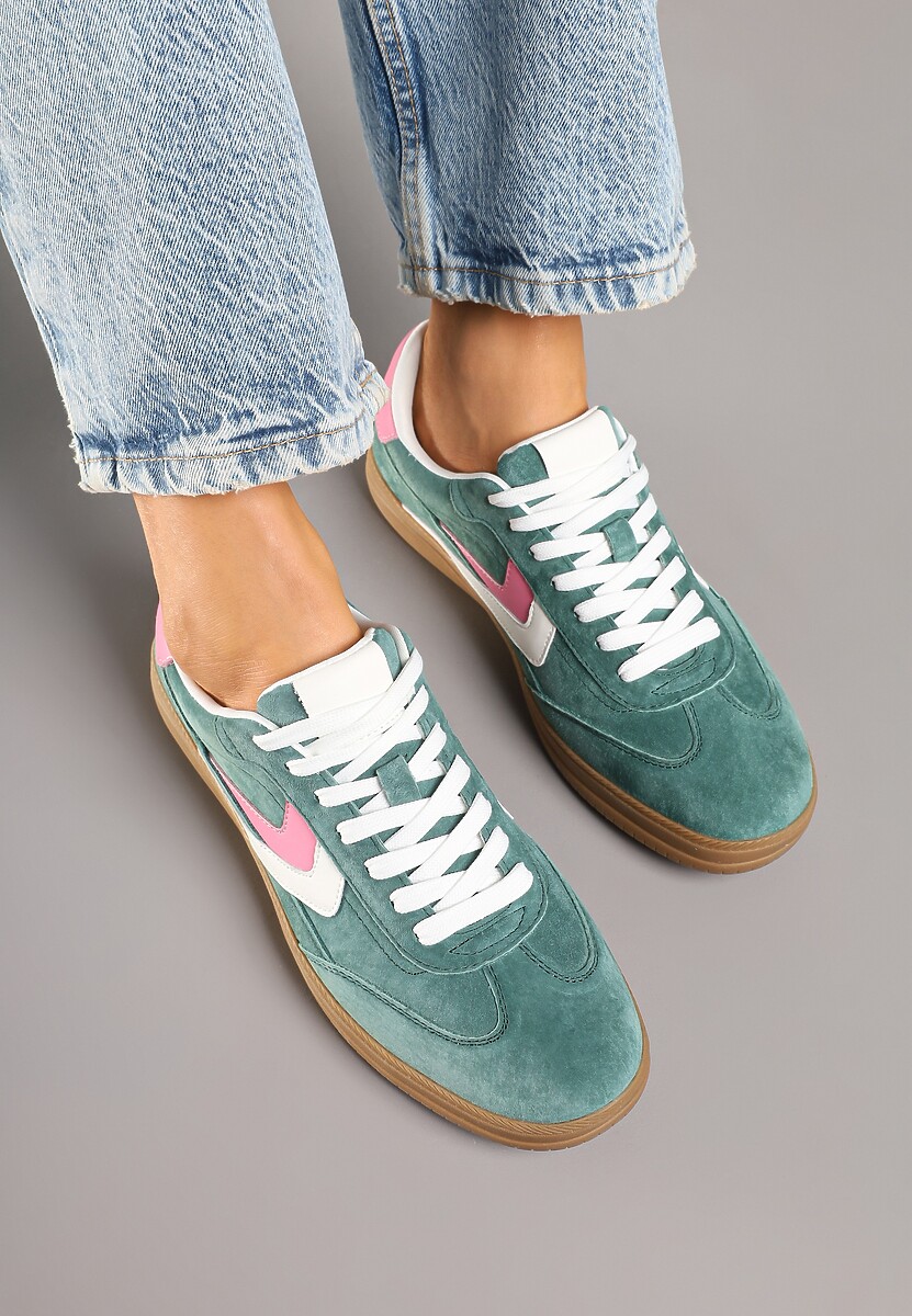 Zielone Sneakersy Skórzane w Stylu Tenisówek z Geometrycznym Motywem Erisane