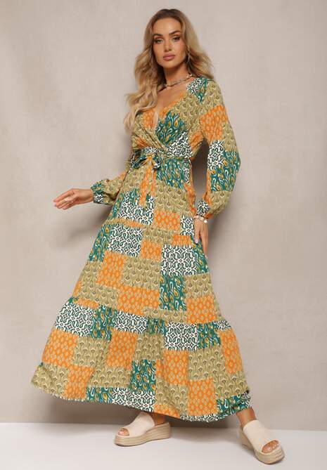 Zielono-Żółta Sukienka z Wiskozy z Gumką w Pasie i Materiałowym Paskiem z Trójkątnym Dekoltem Nelarae