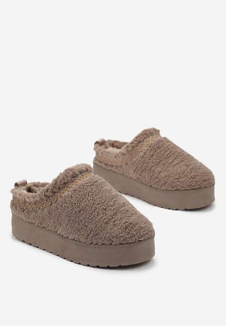 Ciemnobeżowe Kapcie na Platformie z Ozdobną Lamówką Topora