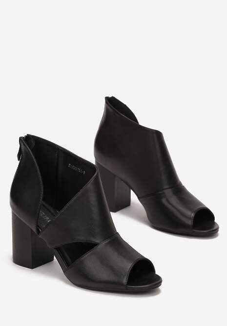 Czarne Botki na Słupku z Ozdobnymi Wycięciami Peep Toe Mivonno