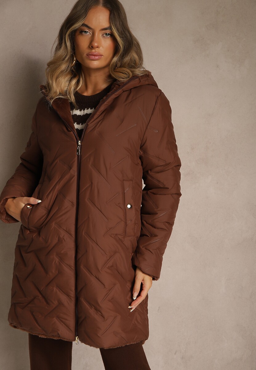 Brązowa Pikowana Kurtka Dwustronna o Długim Kroju z Kapturem Olettia
