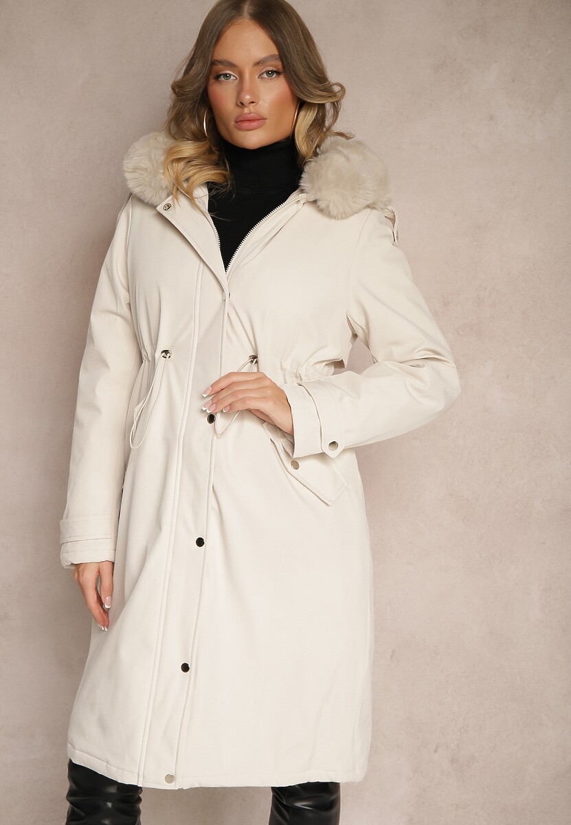 Jasnobeżowa Długa Kurtka o Fasonie Parki z Futerkiem Edelais
