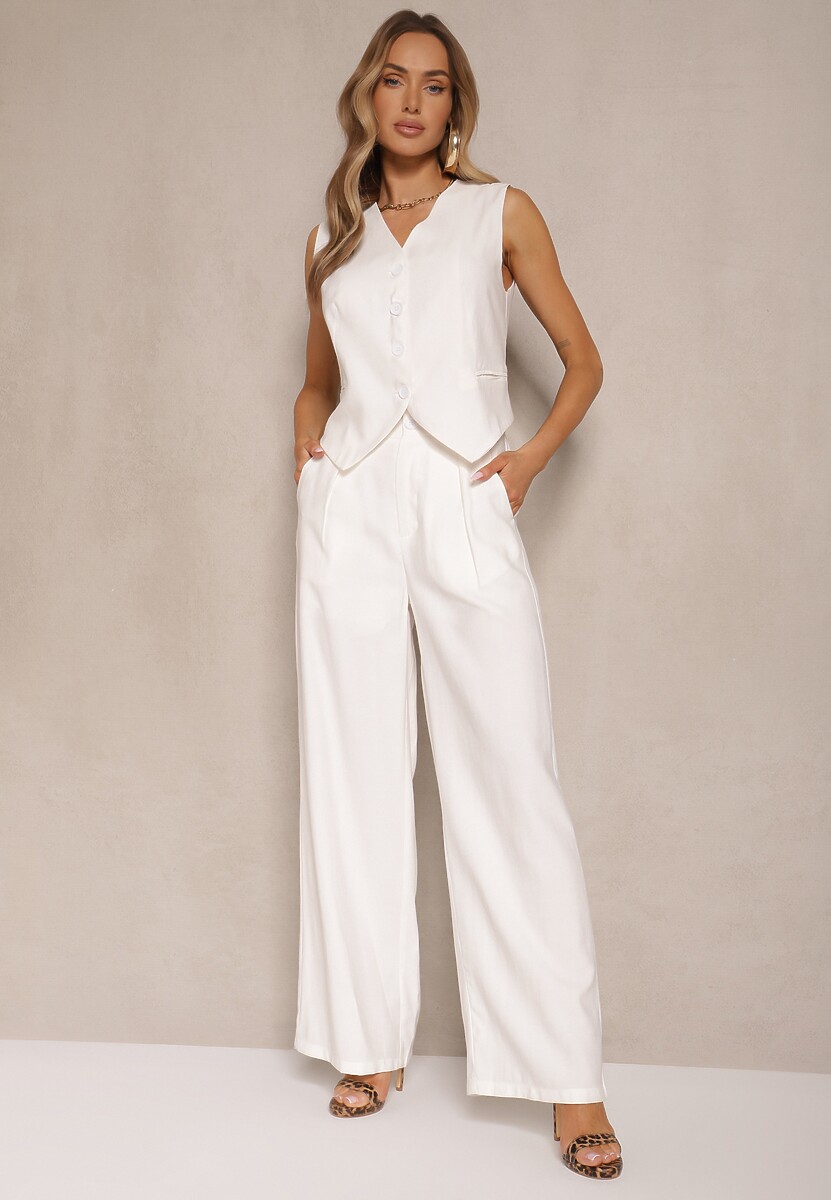 Beżowy Wiskozowy Komplet o Garniturowym Kroju Kamizelka i Spodnie Soreya