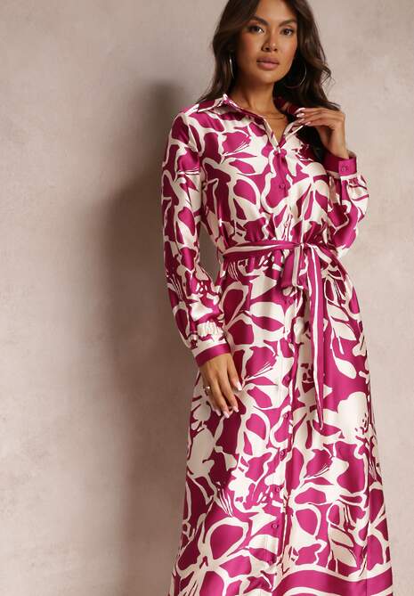 Fioletowa Satynowa Sukienka Koszulowa w Kwiaty z Paskiem Zatwala