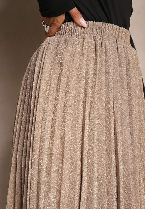 Beżowa Połyskująca Spódnica o Rozkloszowanym Kroju z Gumką w Pasie i Plisami Edalliana