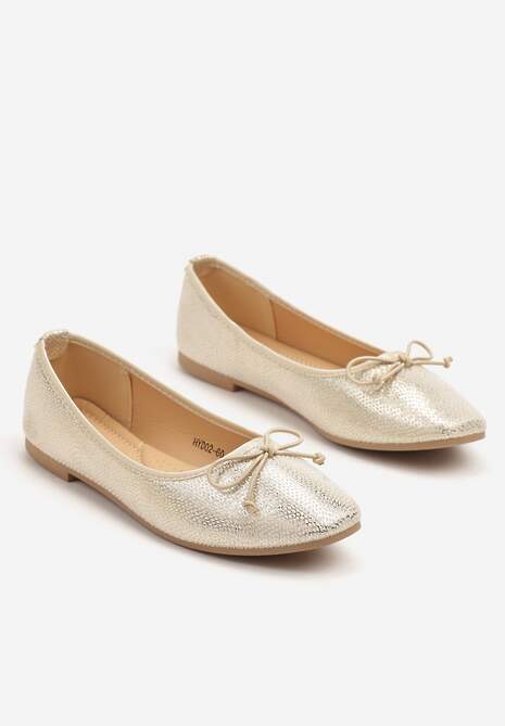 Złote Balerinki Vices z Ozdobną Kokardą i Tłoczeniem Typu Skóra Węża Tultewia