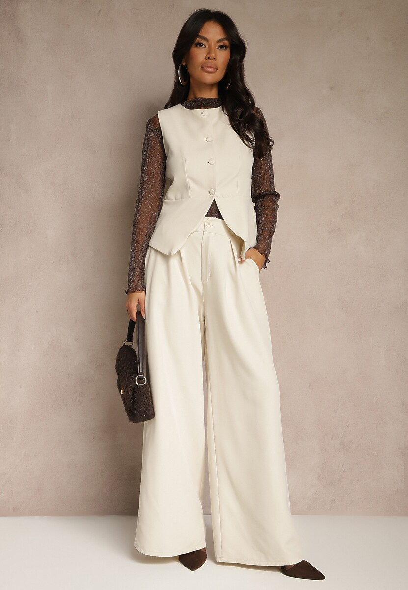 Biało-Czarny Komplet Garniturowy Szerokie Spodnie i Kamizelka Ziorene