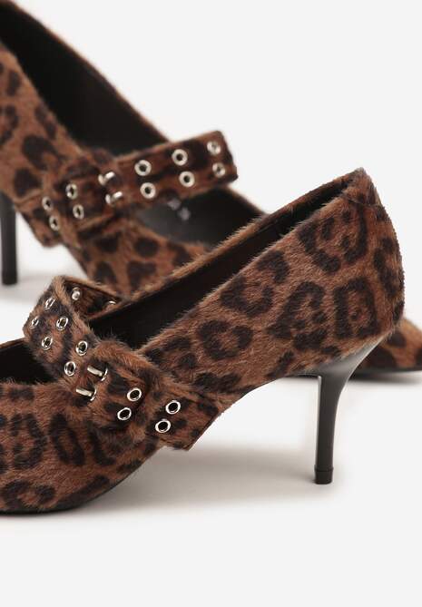 Brązowe Panterkowe Czółenka Vices na Szpilce z Wkładką ze Skóry Naturalnej z Klamrą Nalisette