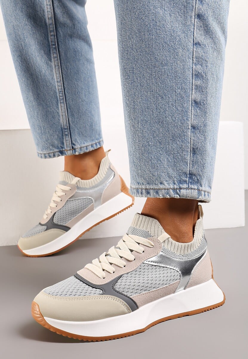 Szaro-Beżowe Wsuwane Sneakersy na Platformie ze Sznurowaniem i Metalicznymi Wstawkami Nercea