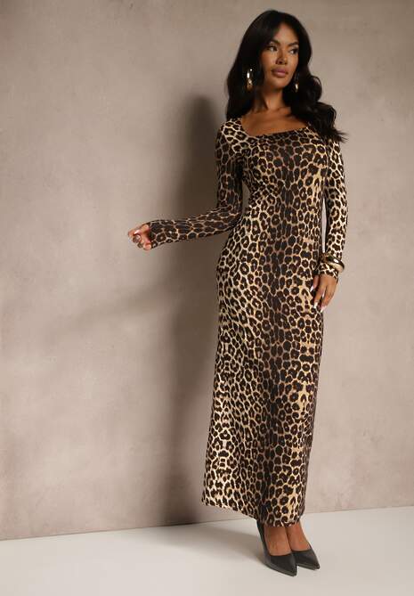 Brązowa Dopasowana Sukienka Maxi z Kwadratowym Dekoltem Fioral