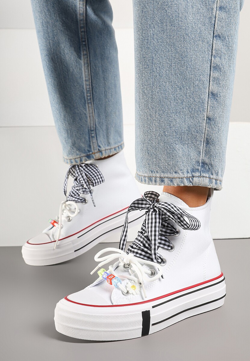 Białe Trampki Ozdobione Koralikami i Wstążką w Kratkę Vichy Armio