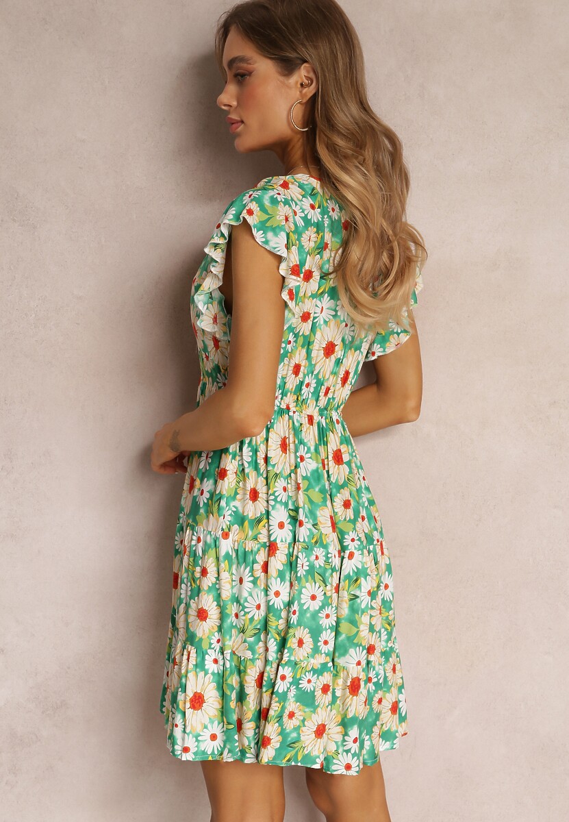 Jasnozielona Taliowana Sukienka Mini w Kwiaty z Gumką w Talii Teziovi