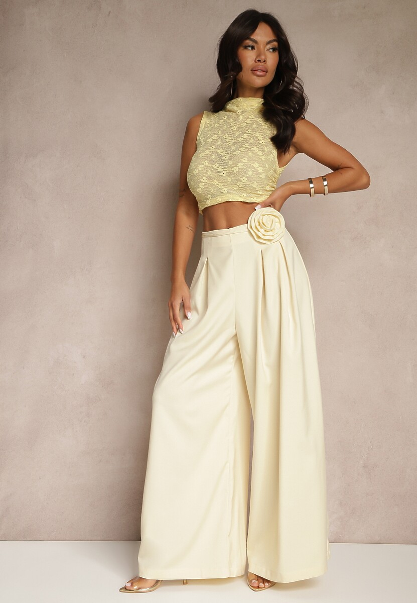 Zielone Spodnie o Szerokim Kroju High Waist z Kwiatem 3D Firalisse