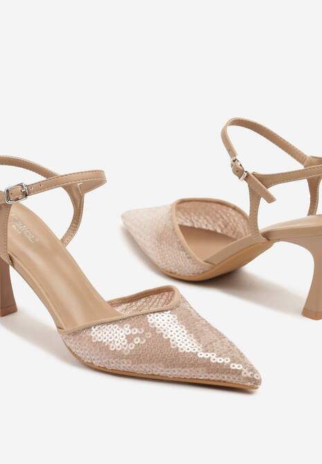 Beżowe Sandały na Szpilce z Cekinową Cholewką Ulariona