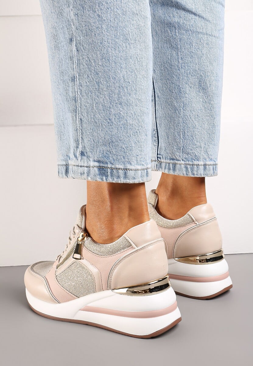 Beżowe Sneakersy na Koturnie Ozdobione Zamkiem Błyskawicznym i Metaliczną Wstawką Ellieti